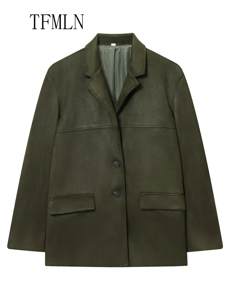 Fashion Women Solid Blazer Jackets 2025 Autumn Office Ladies Single Breasted Pockets Loose Coats Retro Causal Notched Streetwear