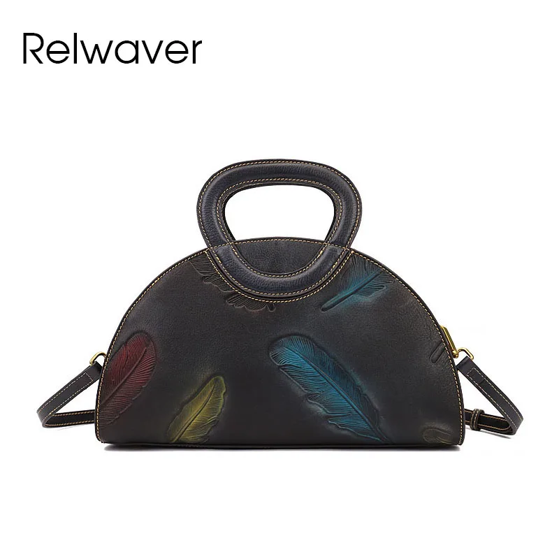 

Relwaver natural cow leather embossing handbag 2023 winter chic half circle women shoulder bag genuine leather crossbody bags