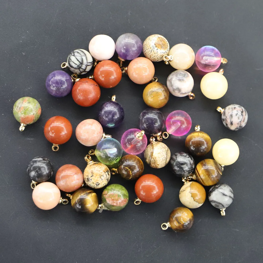 10MM Natural Stone Multicolor Ball Shape Gold Necklaces Pendants Charms Fashion Jewelry Earring Bracelet Making Wholesale 30Pcs