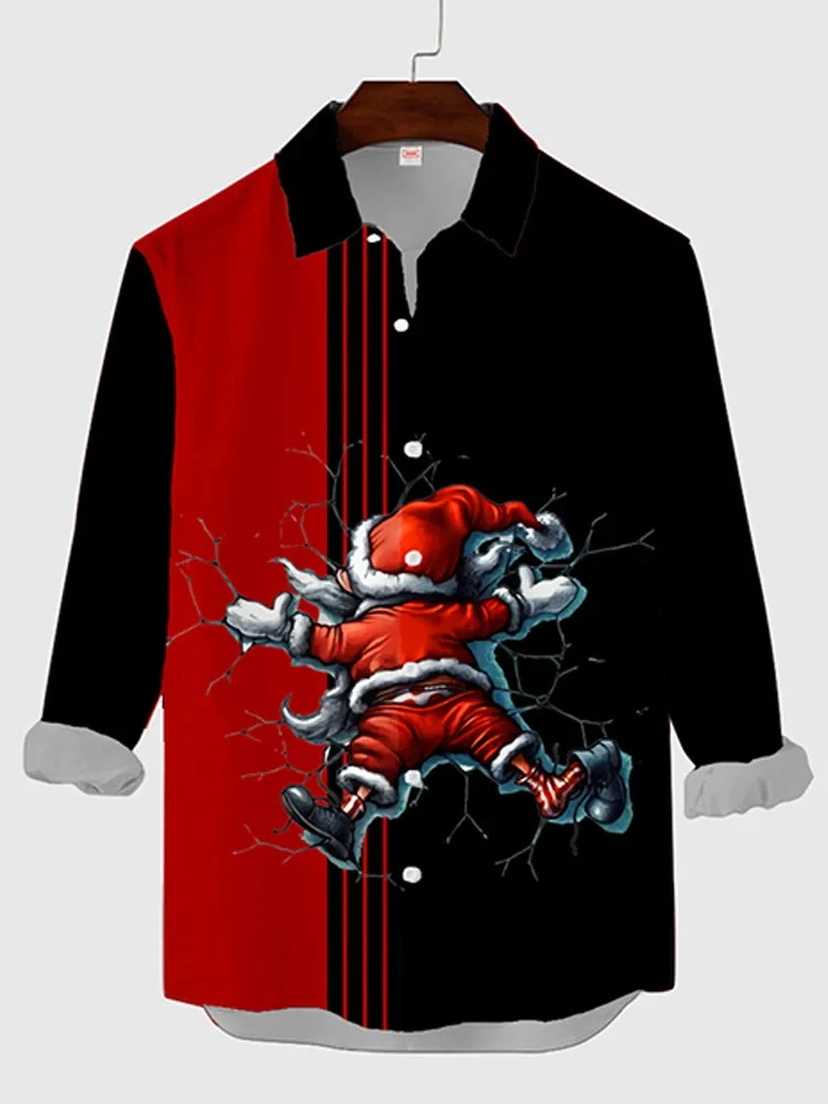 thumbnail image 1 of Camisa de manga larga con estampado informal de Papá Noel para hombre, con elementos navideños, para tomar el sol, para fiestas, noches, camisa divertida de uso diario, cuello abotonado, 1 of 4
