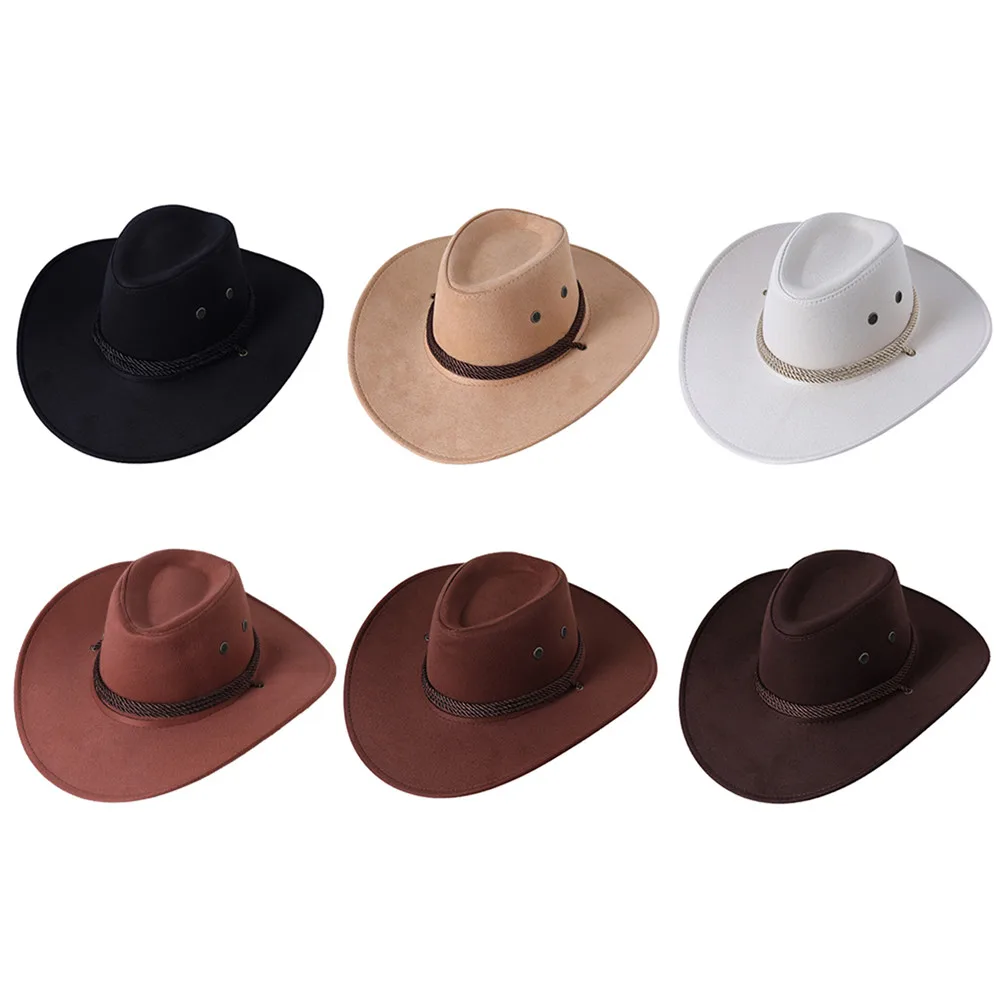 

Men's Wide Brim Vintage Cowboy Hats with Adjustable Rope Outdoor Sun Hat Casual Solid Color Boater Hat Trilby Caps Accessories