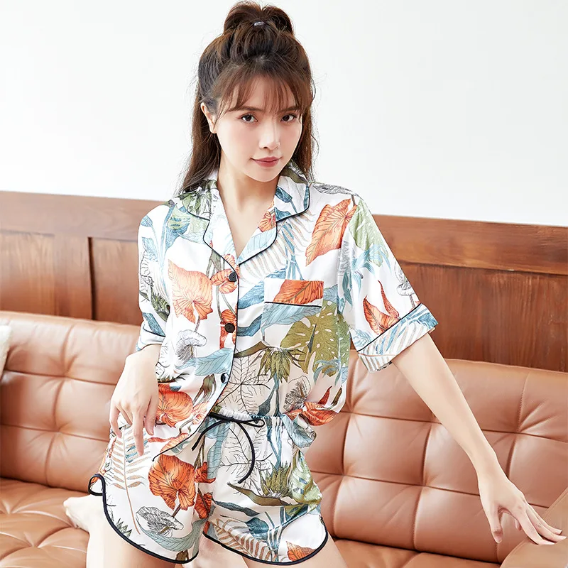 Women's Pajamas Print Pattern Sleepwear Home Furnishing Three Piece Set of Cardigan Top and Pants Thin Imitation Silk Home Suit