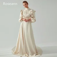 Customized Muslim Retro High Collar A-line Wedding Dresses Ruffle Satin Draped Pleat Ribbon Full Bride Dresses robe de mariée 1