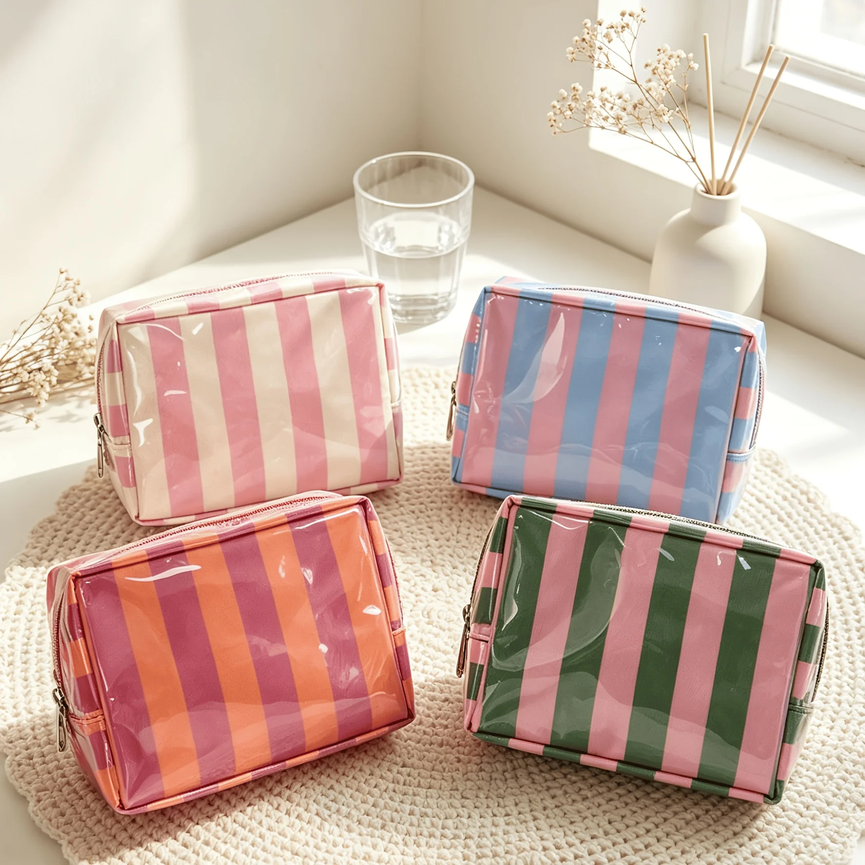 Chic Striped Mini Makeup Bag with Zipper - Stylish Cosmetic Pouch