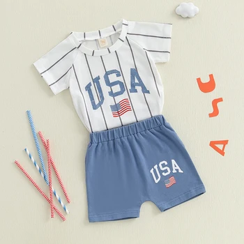 Boys American Flag Independence Day Outfits Short Sleeve Striped Tops and Shorts Set 2 Pieces Summer Clothing 3