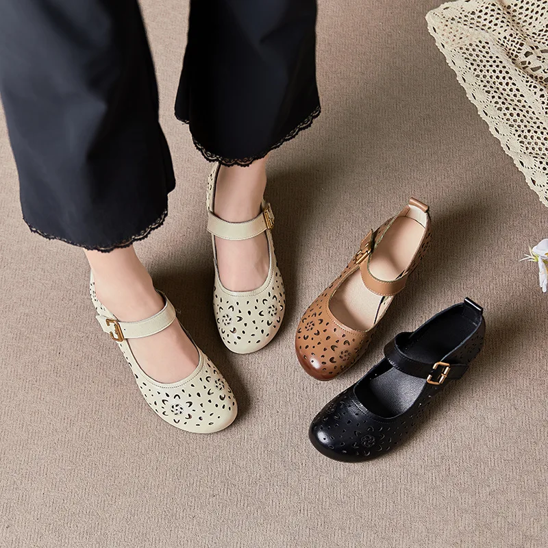 Real Leather Cutout Pumps Shoes for Women's Med Round Heels Elegant Mary Janes Work Dress Office Party Shoes Woman Holes Sandals