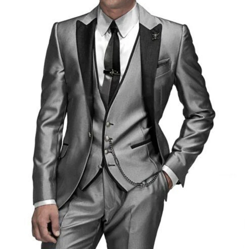 Latest Coat Pant Designs  Men Suits Wedding Groom Silver Shine Material 3 Pieces Wedding Suits For Men Tuxedo