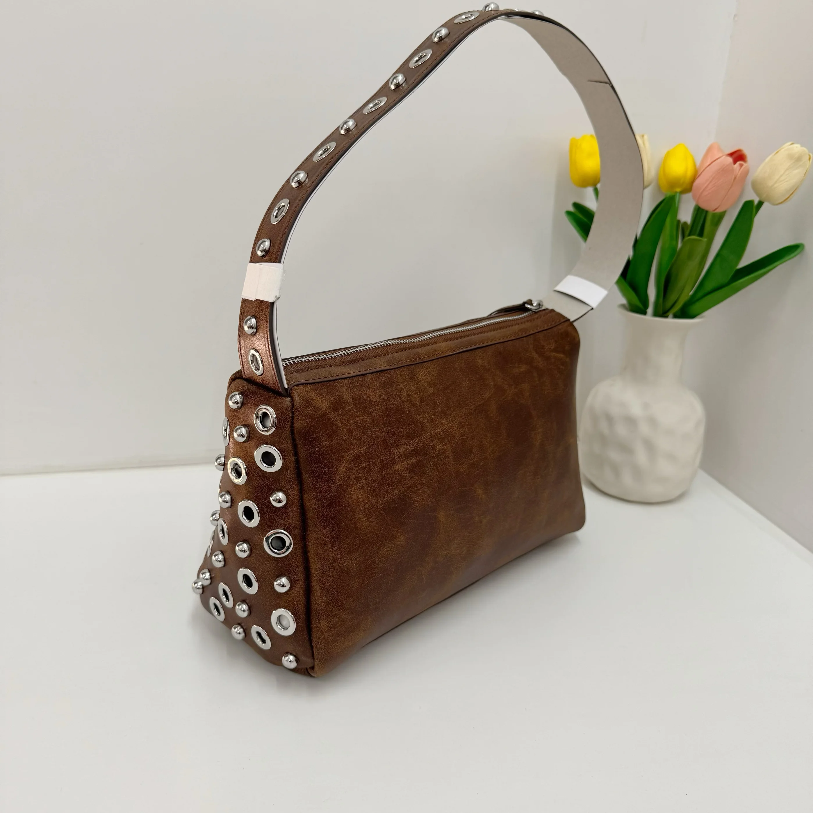 Women PU Eyelet Shoulder Underarm Bag Large Capacity Stylish Armpit Top Handle Bag Motorcycle Style Shoulder Bag
