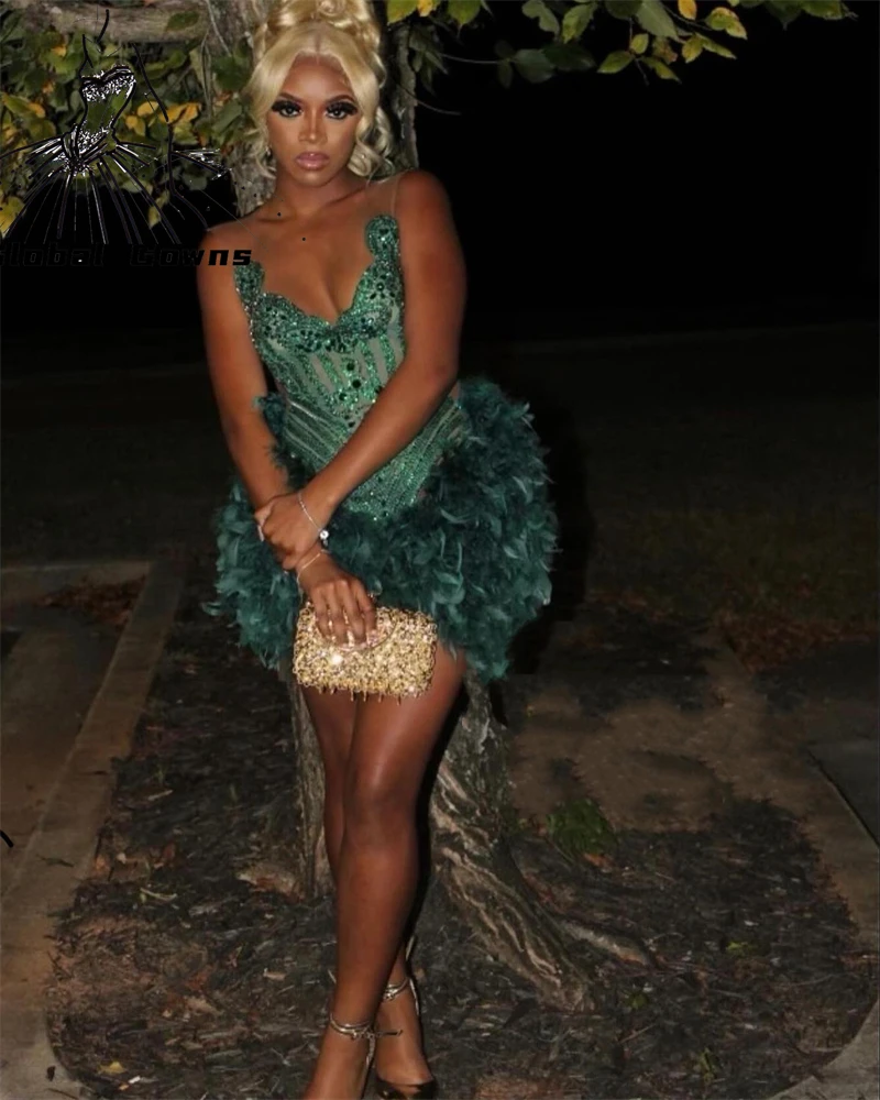 One Shoulder The Cocktail Dress Black Feather Prom Dresses Cocktail Feather  Dress Emerald Crystal-Embellished Feather