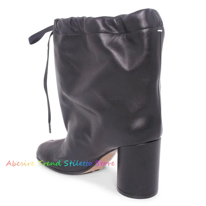 Black Leather Split Toe Shoes Women Chunky High Heels Lace up 2024 Runway New in Mid Calf Boots Luxury Designer Comfy Boot