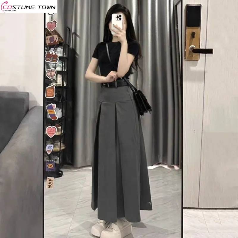 

Large Size Women's Summer Short Sleeved T-shirt Top+gray High Waisted Pleated A-line Umbrella Skirt Two-piece Set