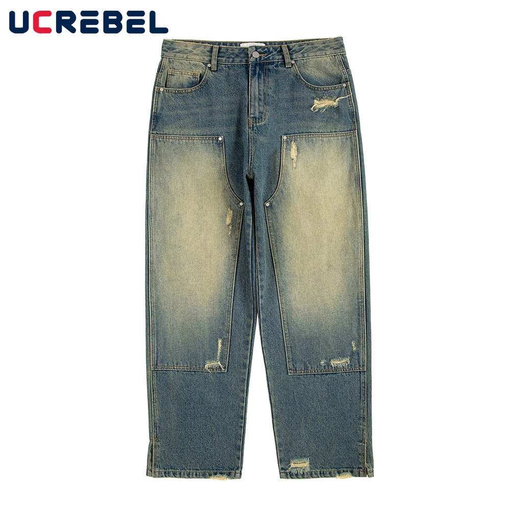 

Washed Retro Ripped Hole Denim Straight-leg Pants Mens Hip Hop Loose Double Knee Carpenter Jeans Men
