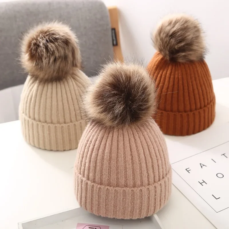 

New Jane Baby Autumn Winter Baby Knitted Hat Large Fur Ball Tide Boys Girls Winter Children's Knitted Hat