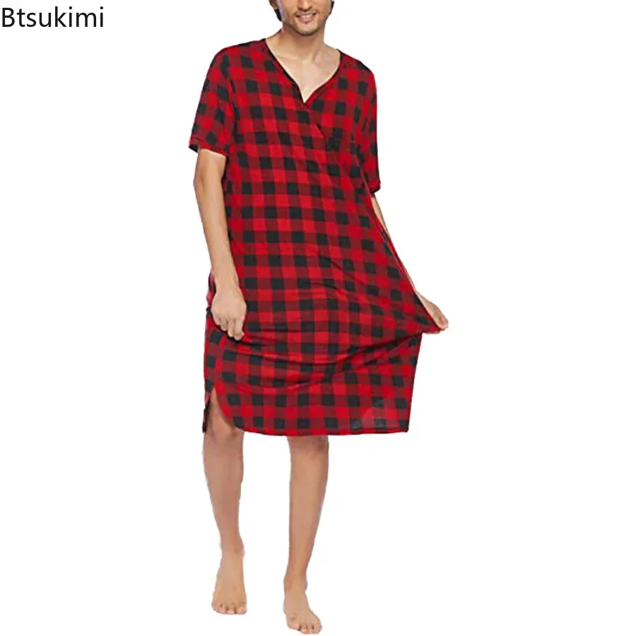 2024 Men's Casual Cotton Plaid Sleep Robe Pajamas Short Sleeve V-neck Homewear One-piece Comfortable Home Loose Bathrobe Male
