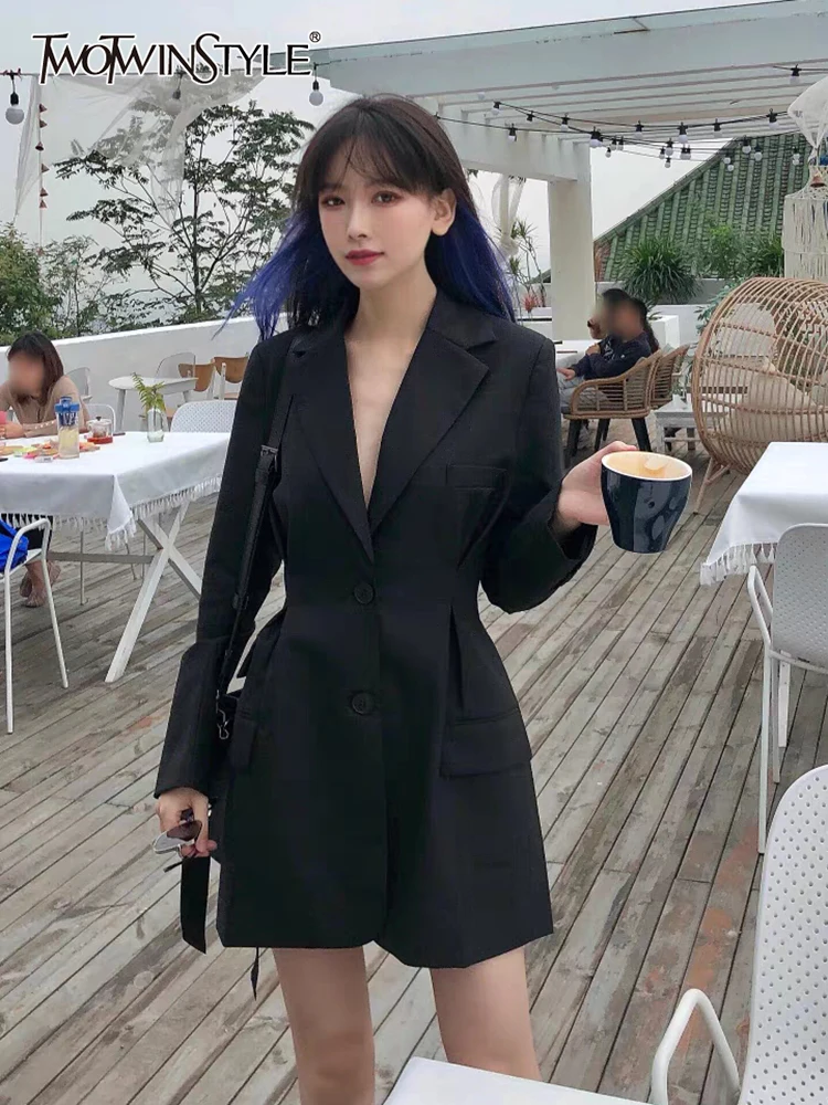 

TWOTWINSTYLE Black Blazer Dress For Women Notched Long Sleeve High Waist Single Breasted Mini Dresses Female Fashion Spring New