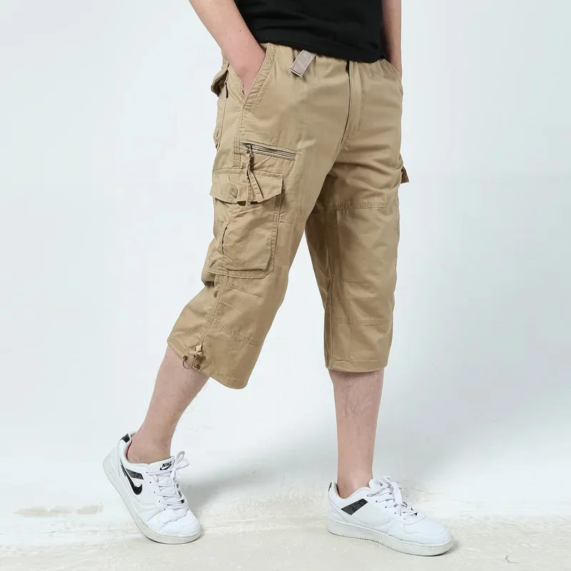 Sport shorts Summer Multi Pockets Hiking Cropped Trousers Men Camouflage Military Tactical Shorts Long Length Casual Cotton Cargo 5XL