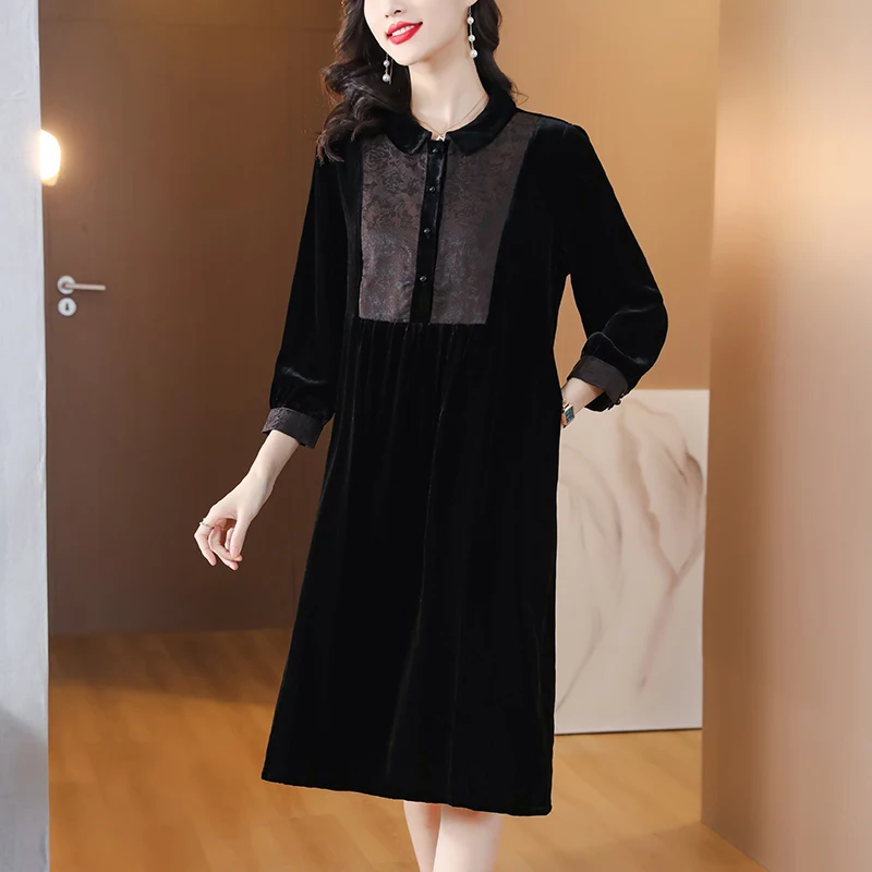 

2023 New Fashion Silk Velvet Dress Women's Autumn Versatile Mulberry Silk Loose Fit Leisure Vacation Party Vestidos