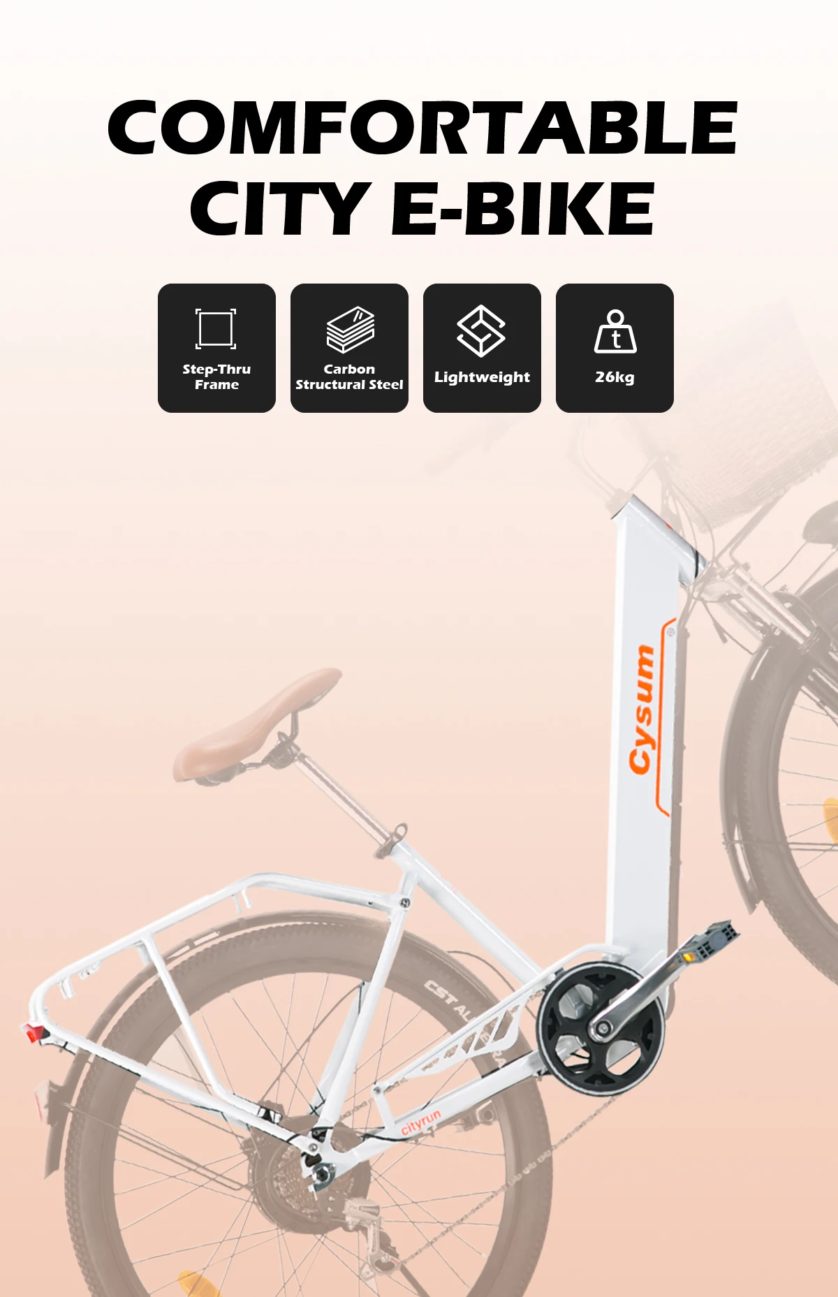Cysum Cityrun Elektrofahrrad 26'' Fat Tires 36V10AH Lithiumbatterie 80 km Reichweite 250 W Motor Mechanische Scheibenbremsen E-Bike – Detail 2