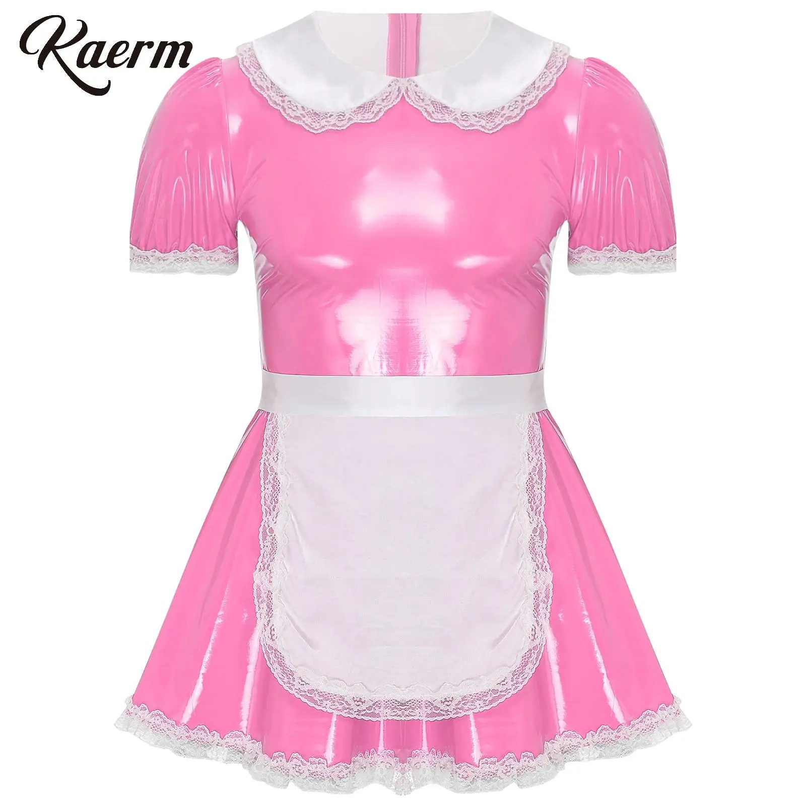 

Men Glossy Patent Leather Cosplay Crossdresser Maid Dresses with Apron Doll Collar Ruffle Lace A-Line Dress for Sissy Costume