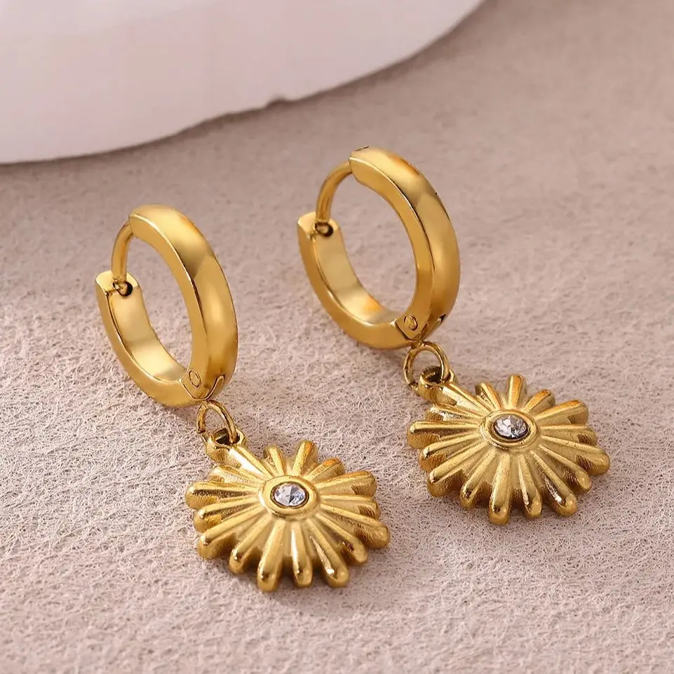 Stainless Steel Sunflower Dangle Earrings for Women Gold Color Geometric