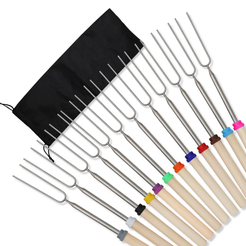 Barbecue Skewers Barbecue Tools Telescoping Barbecue Fork Stainless Steel Double Metal Skewers Roasting Stick Smores Skewer For Hot Dog BBQ Picnic Camping