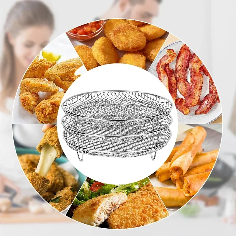 Three Stackable Air Fryer Racks 304 Stainless Steel Non stick Frying Pan Barbecue Grill Rack Kitchen Cooking Tools