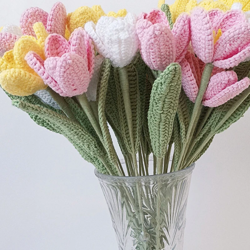 Crochet Flower Bouquet Tulips Artificial Flowers for Anniversary Desktop