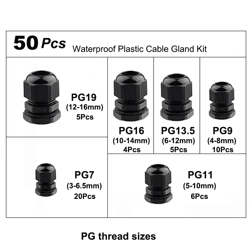 50pcs Plastic Cable Glands Waterproof PG7 PG9 PG11 PG13.5 PG Thread Cord Grips Connectors Wire Mangement Joint Set Box Outdoor