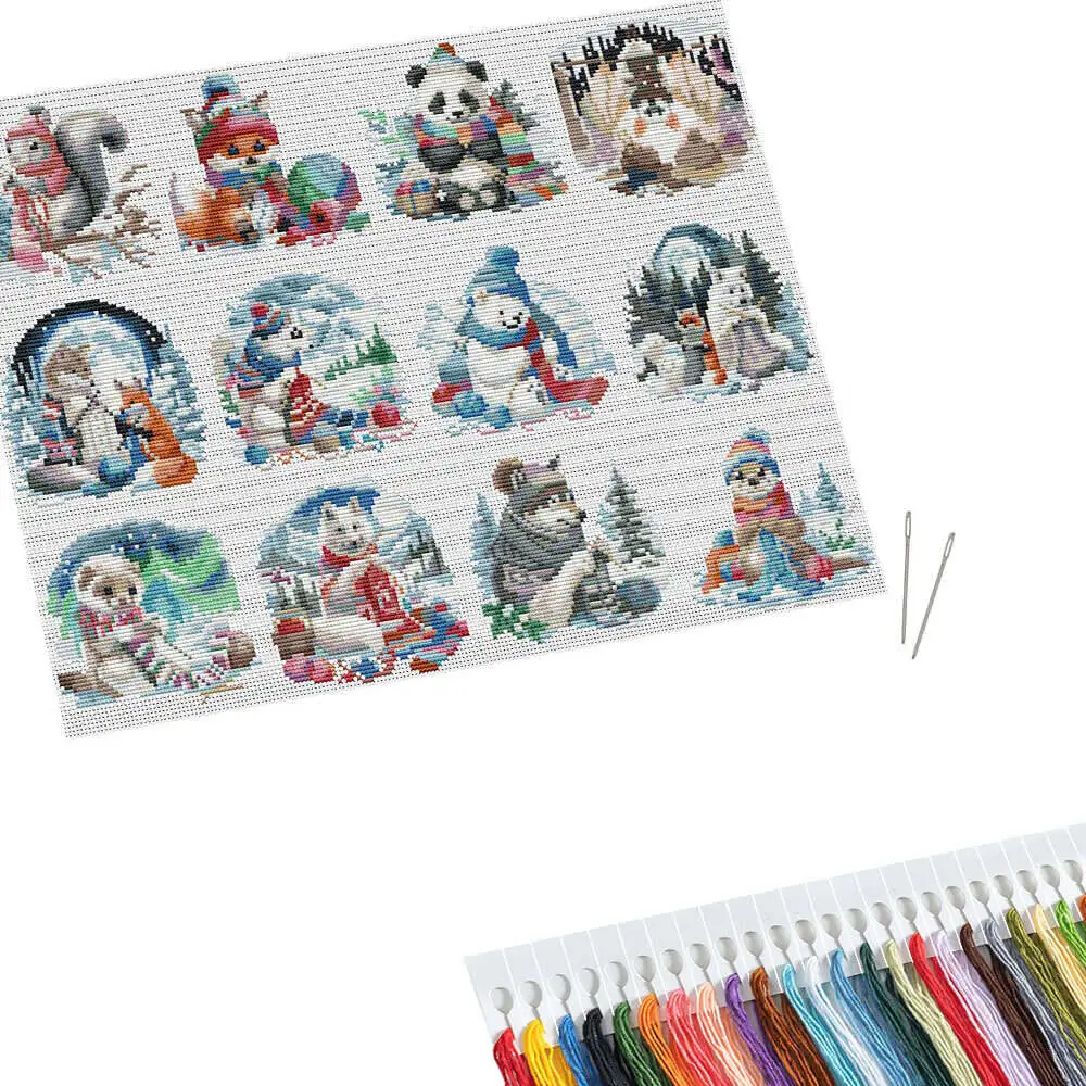 12Pcs 겨울 크로스 스티치 세트 개 동물 11Ct 인쇄 패브릭 자수 키트 늑대 바느질 장식 그림 벽 스티커