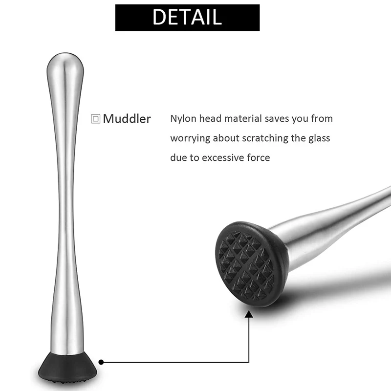 Bar Tools Cocktail Muddler Professional Stainless Steel Ice Pestle Grooved Spiky Nylon Head Muddle Mix Homemade Drinks Mojito