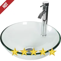16.5" Bathroom Vessel Sink Clear Round Tempered Glass Basin Countertop Bowl Sink , W/Chrome Faucet Pop Up Drain 1