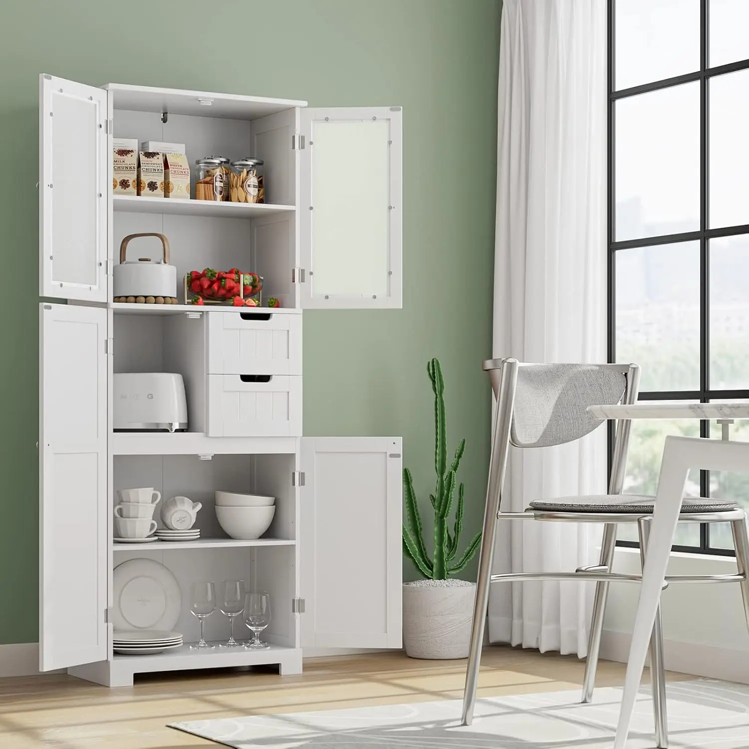 67'' Bathroom Storage Cabinet, Tall Storage Cabinet with Frosted 4 Doors and 2 Drawers, Kitchen Pantry with Adjustable Shelf