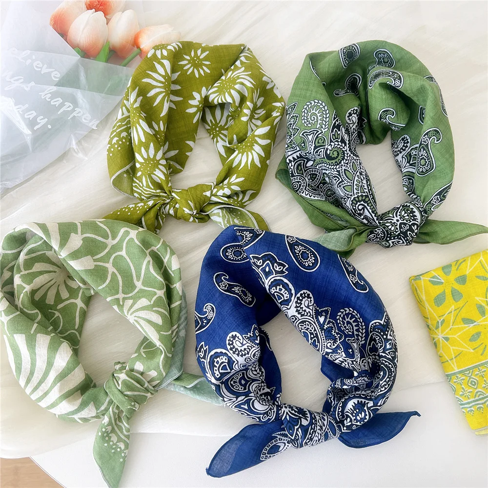 55*55cm Cotton Linen HairScarf Bandana Floral Print Neckerchief Square Handkerchief Turban Neck Scarf Hair Accessories For Women 2