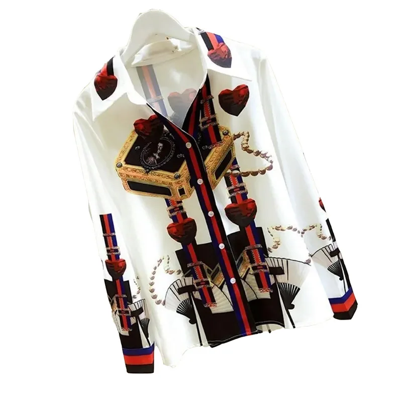 

2023 New Spring Summer Fashion Lapel Feeling Retro Chiffon Loose Temperament Women's Shirt Female Top Printing Shirt Women Y106