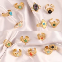 Vintage Geometry Colorful Stone Natural Ring Stainless Steel Ring Turquoise Charms Wide Chain Open Rings For Women Ring Jewelry 2