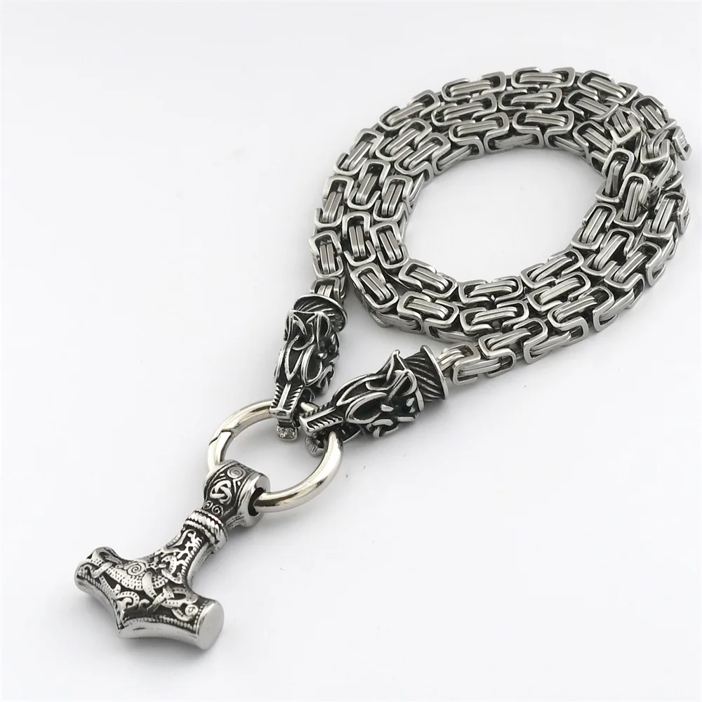 Men's Viking New Wolf Head King Chain Necklace Stainless Steel Nordic Thor's Hammer Amulet Pendant Necklace