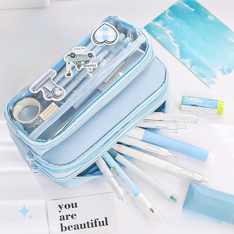 Chic Solid Color Pencil Case Korean Simplicity Transparent Pen Pouch Large Capacity Organizer Bag School SuppliesStationery bag 5