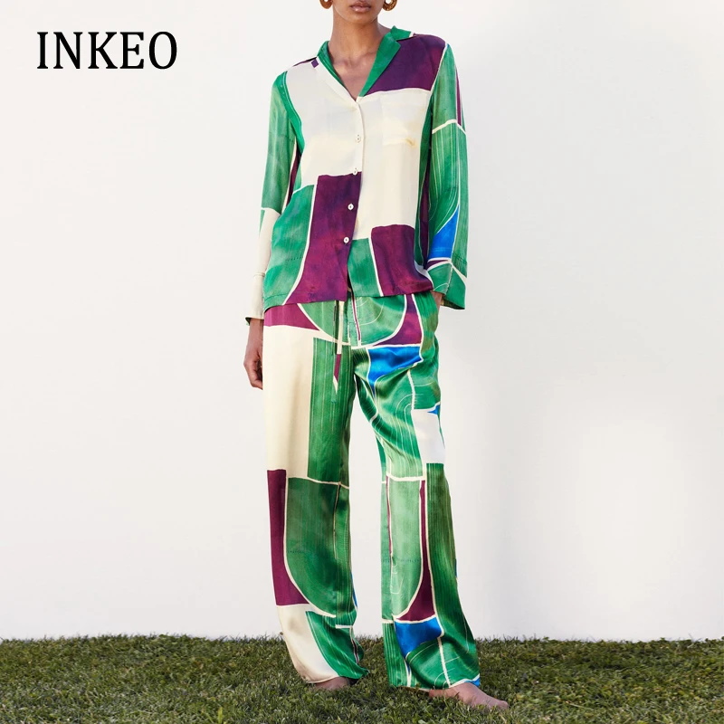 

Женский элегантный костюм из блузки и брюк с принтом, свободный костюм из атласного шелка с широкими штанинами, комплект из 2 предметов, женский костюм INKEO 2T159, новинка 2022