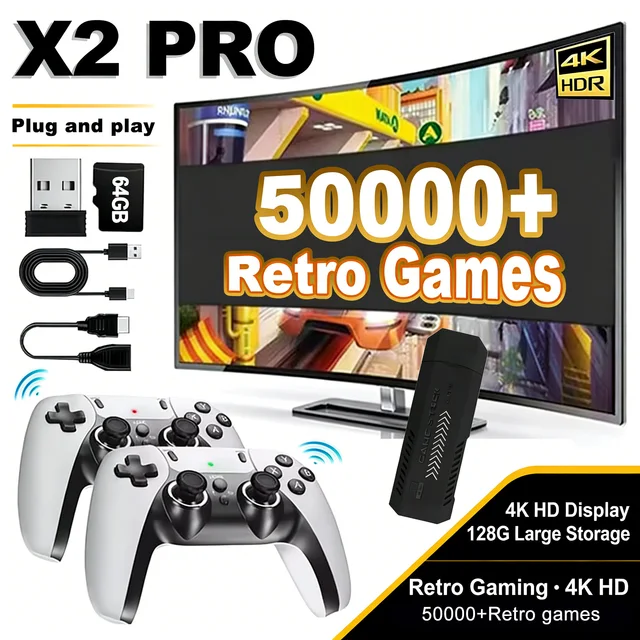 La console de jeux vidéo X2 Pro comprend plus de 50 000 jeux vidéo rétro intégrés et plus de 40 émulateurs, compatible avec PS1/N64/DC. 1