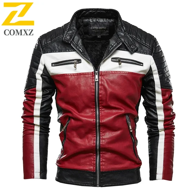 Men Yellow PU Leather Jacket Patchwork Biker Jackets  Casual Zipper Coat Male Motorcycle Jacket Slim Fit Fur Lined Outwear Coat 2