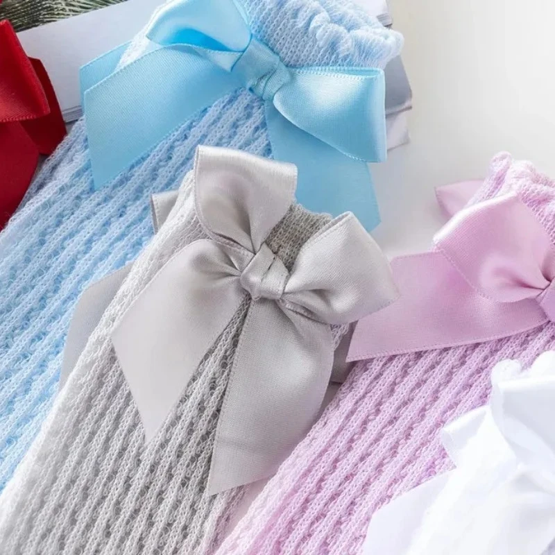 Baby Cute Korean Bow Mesh Stockings Hollow Cotton White Beige Princess Knee High Long Socks Newborn Infant Stockings for Girls