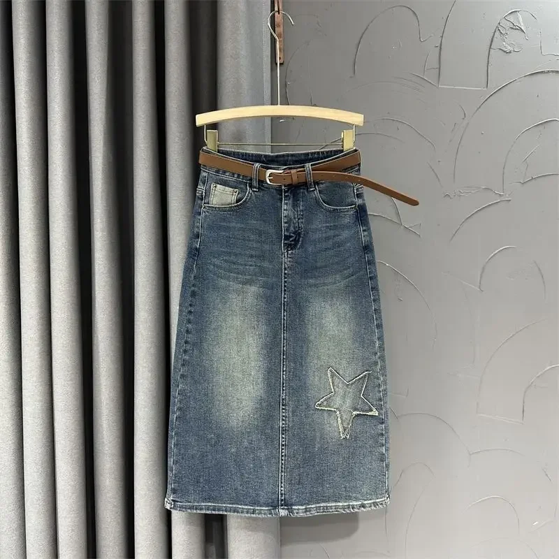 

Женская джинсовая юбка с завышенной талией, трапециевидная юбка средней длины с разрезом, винтажная модная юбка в Корейском стиле, Новинка лета 2024, F92