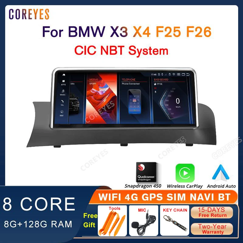 

COREYES 10.25'' Android 12 4G+128G Car Radio For BMW X3 X4 F25 F26 CIC NBT System Carplay Auto Stereo Snapdragon 450 GPS Navi