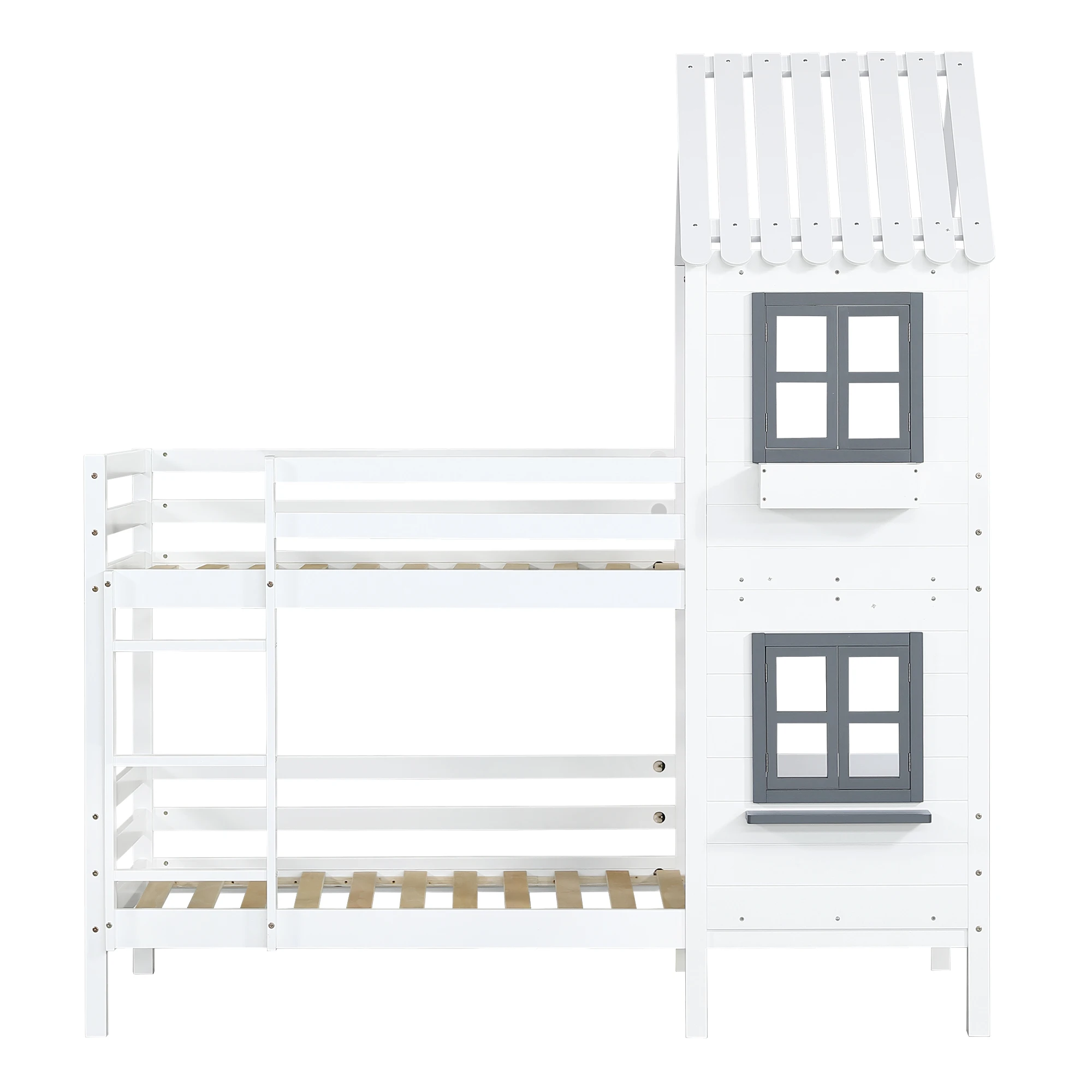 Etagenbett mit Armlehnen und Fenster, Cottage-Bett, Kinderbett mit Absturzsicherung und Schutzgeländern, Kiefernholzrahmen, weiß (90x200 cm) – Detail 11