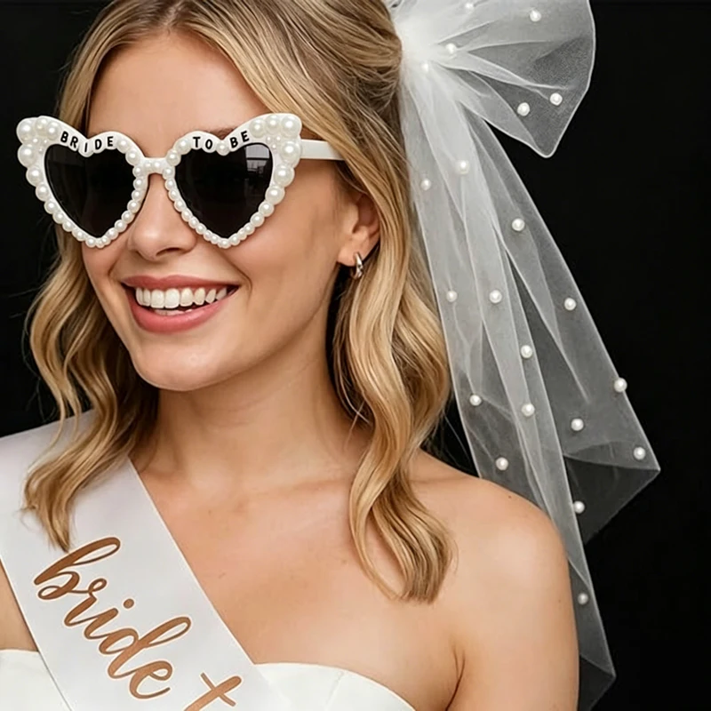 Bride To Be Pearl Heart Sunglasses & Bow Veil & Sash Wedding Bachelorette Party Decoration Bridal Shower Accessories Photo Props - 2