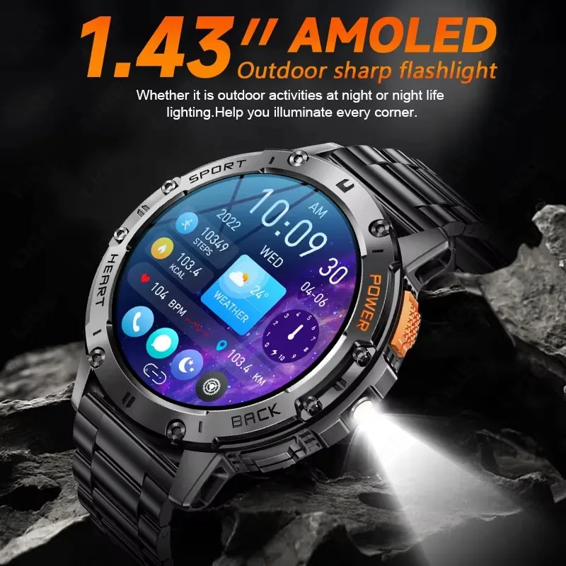 New Military Outdoor Sport Smart Watch Men 1.43Inch AMOLED HD Screen Flashlight IP68 Waterproof Watch Wireless Call Smartwatch 3
