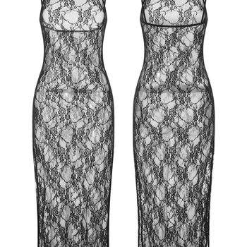 여성용 스파게티 스트랩 시스루 미디 드레스, 섹시한 시스루 메쉬 레이스 플로럴 드레스, 시크한 Y2K 해변 복장, 블랙 패션