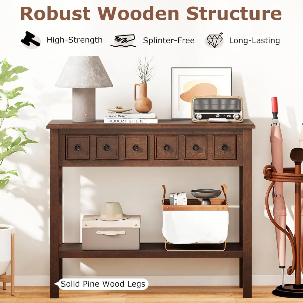 2-Tier Narrow Console Table with 2 Drawers, Retro Entryway Sofa Table for Living Room Hallway