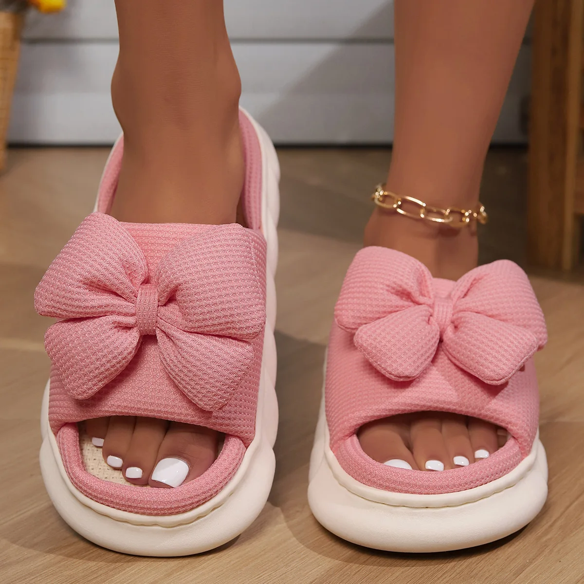 Fashion Bowknot Linen Home Slippers Women Thick Sole Non Slip House Cotton Shoes Woman Flat Heels Platform Indoor Slippers 2024 - Image 2
