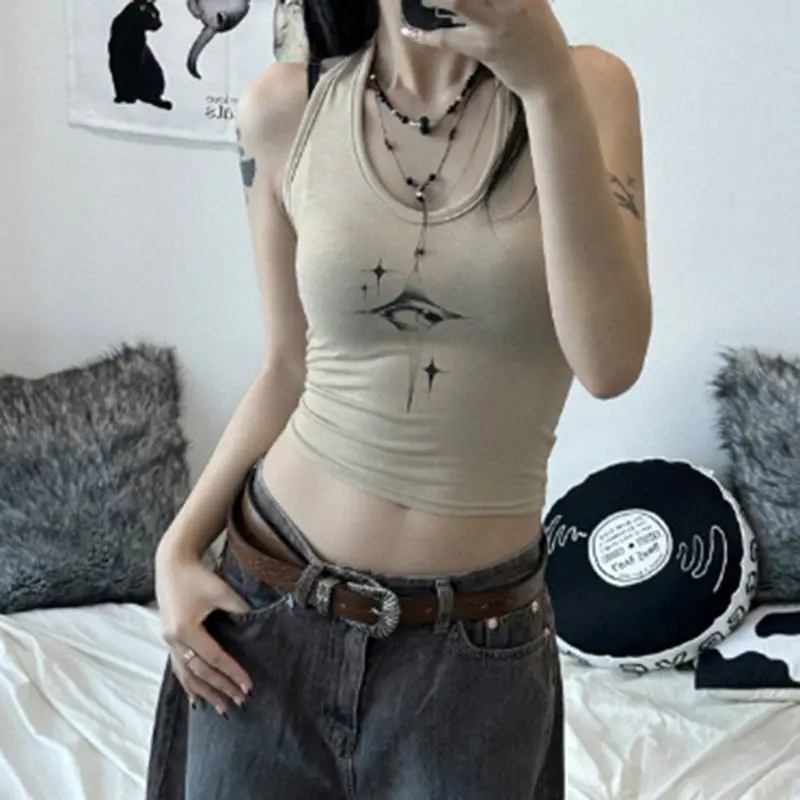 Top Women Y2k Devil's Eyes Retro Print Hanging Neck Suspender Vest Women's Summer Korean Fashion Slim And Slimming Short Top_voghion.com